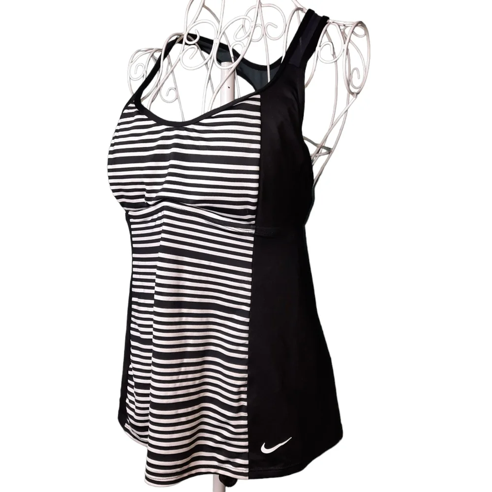 Nike Stripe Racerback Black & White Tankini Swim Top SZ M